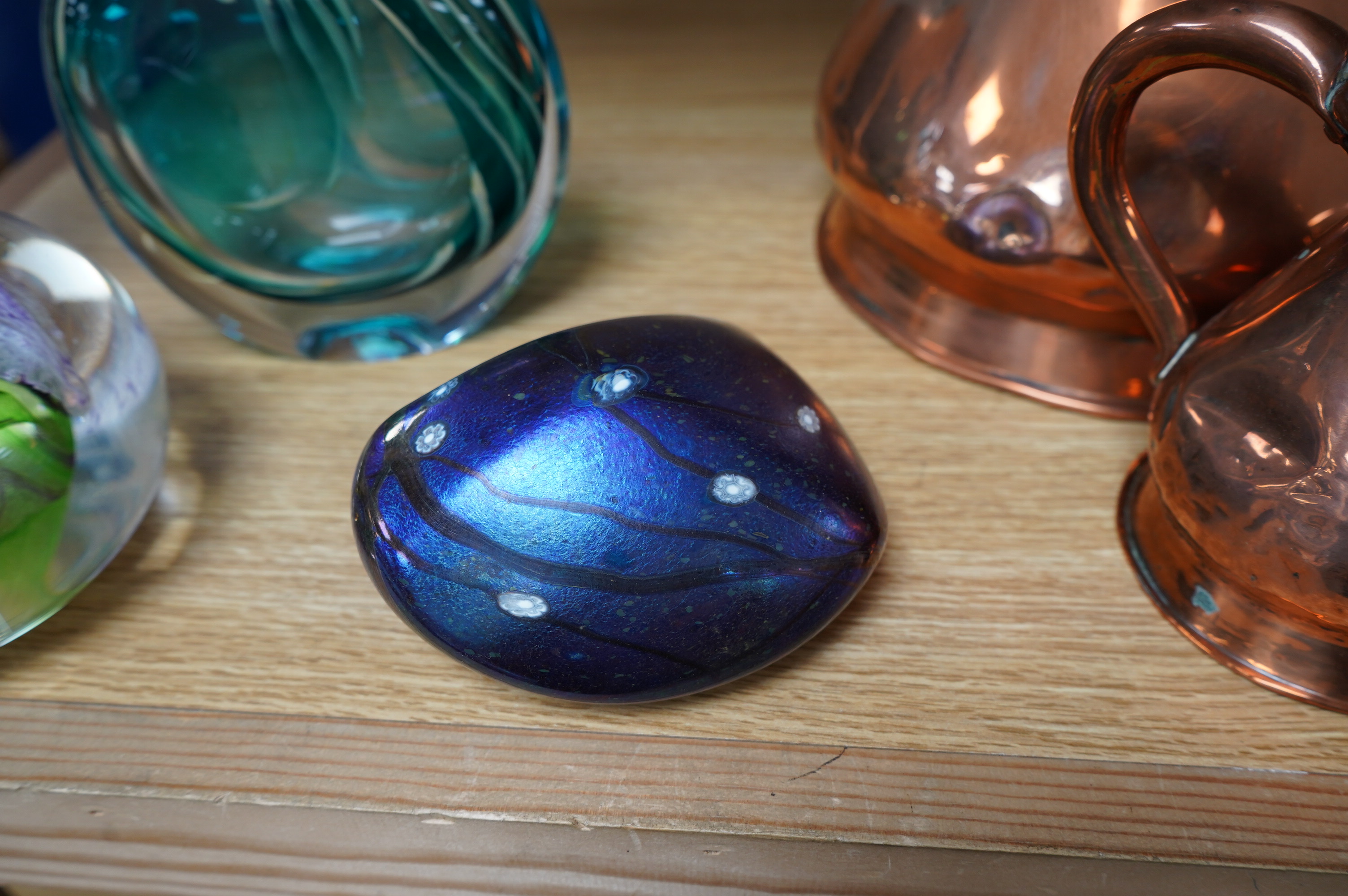 Two Siddy Langley glass paperweights and a contemporary glass vase, 12.5cm tall. Condition - good